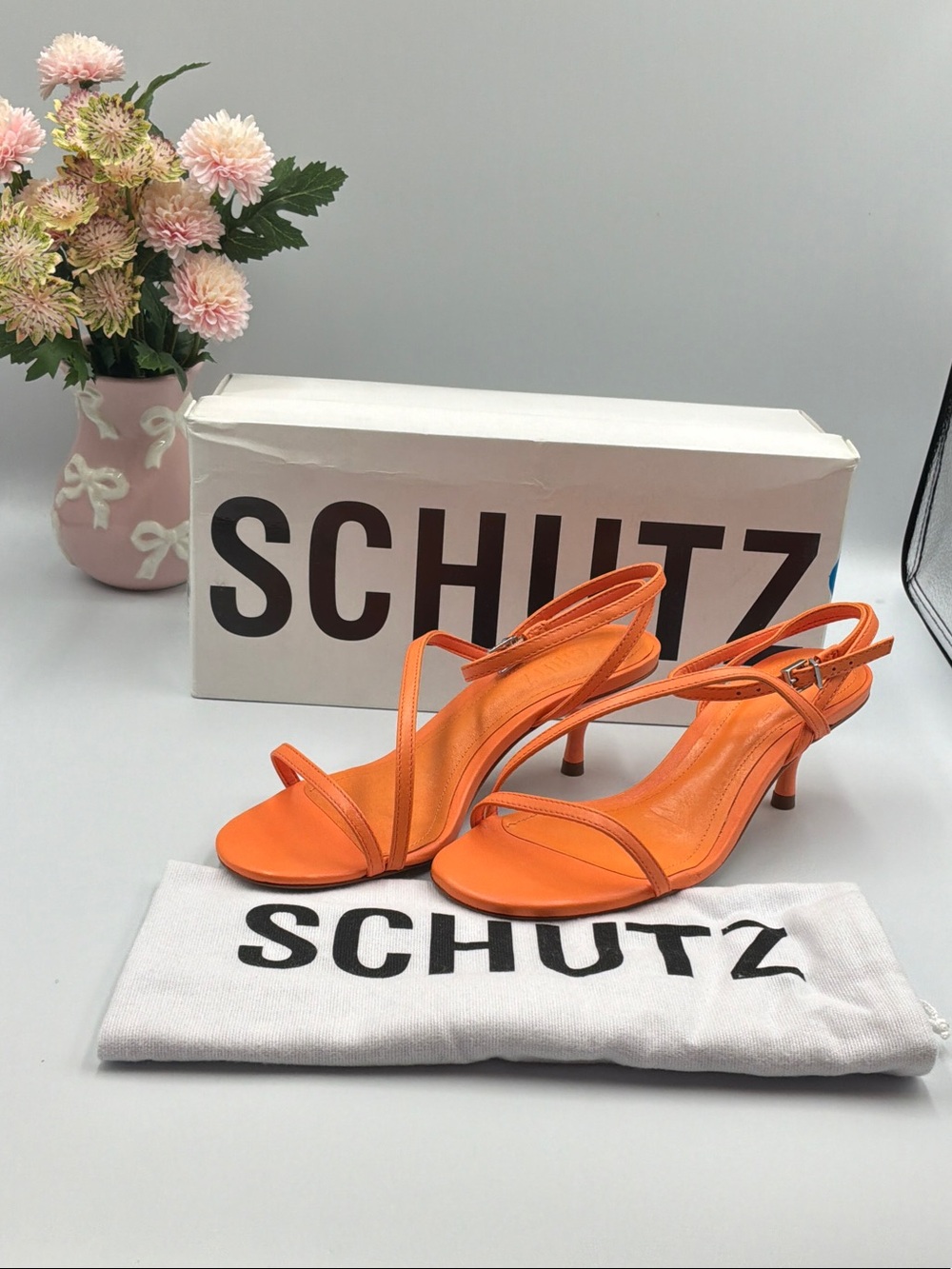 SCHUTZ Bright Orange Strappy Kitten Heel Sandals - Picture 2 of 6
